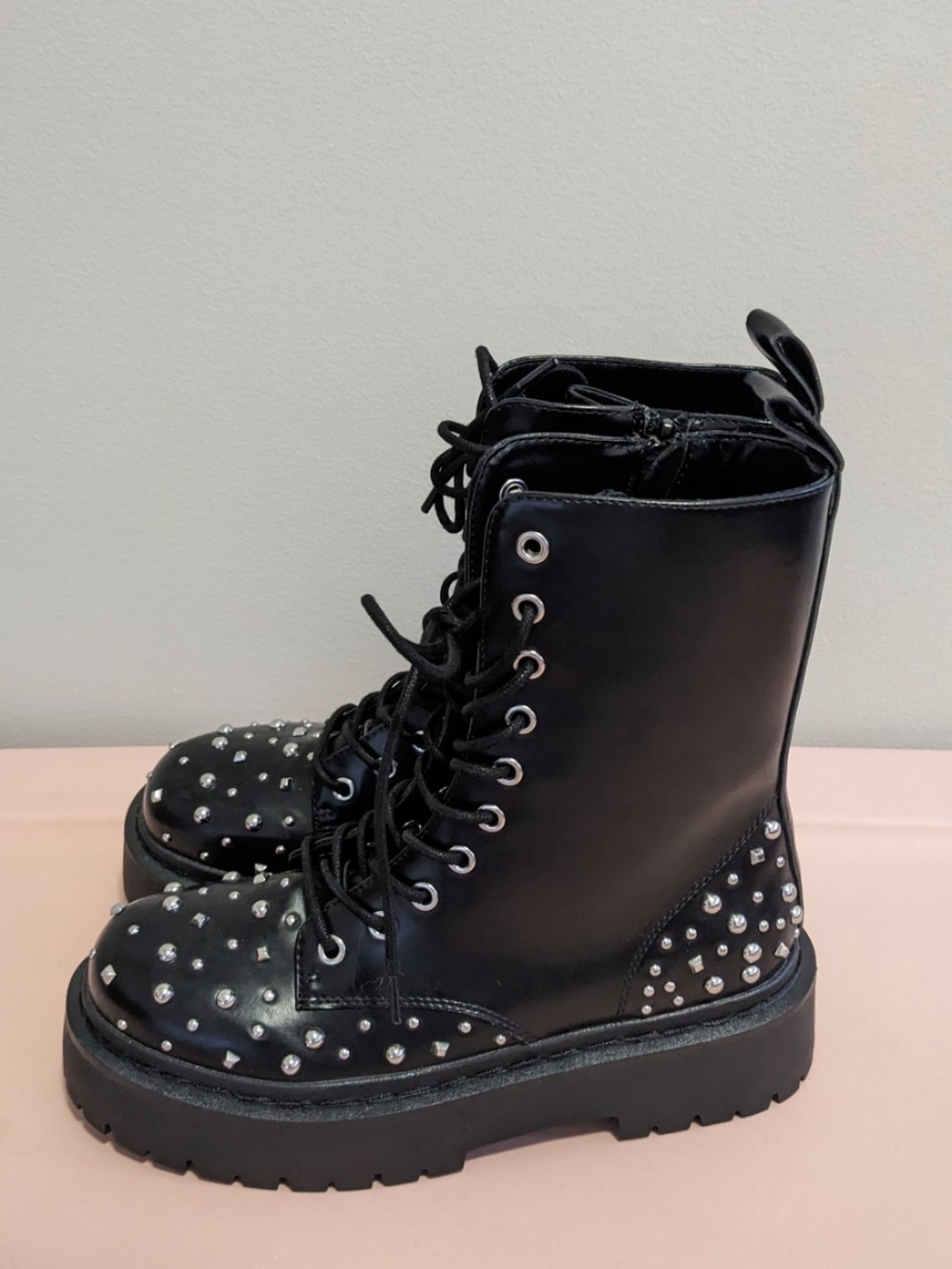 Black Studded Combat Boots - Women 7.5